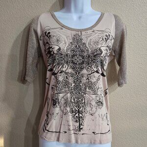 Daytrip Small Beige/Taupe Rhinestone Cross Raglan Top w/ Draped Back